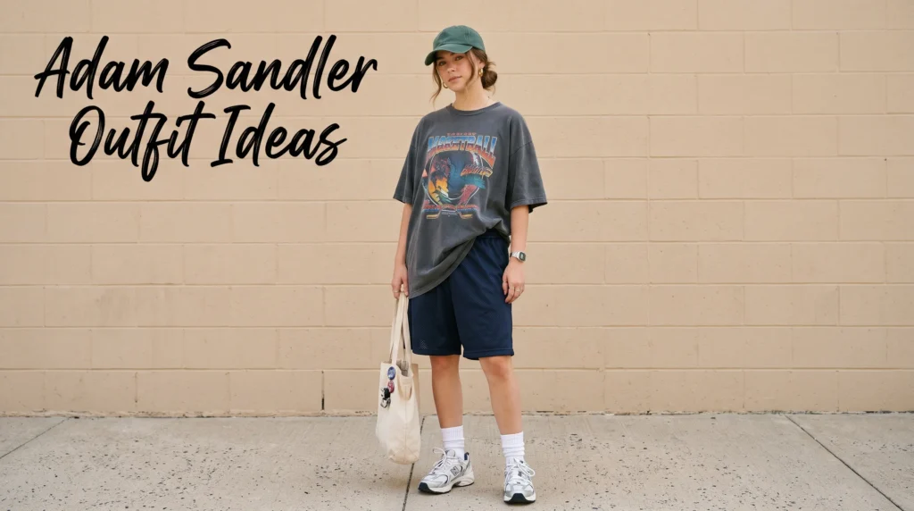 10 Adam Sandler Outfit Ideas for Women: Comfy, Oversized, and Effortlessly Cool 2 An effortless Adam Sandler outfit ideas for women featuring an oversized graphic tee, loose basketball shorts, and chunky sneakers.