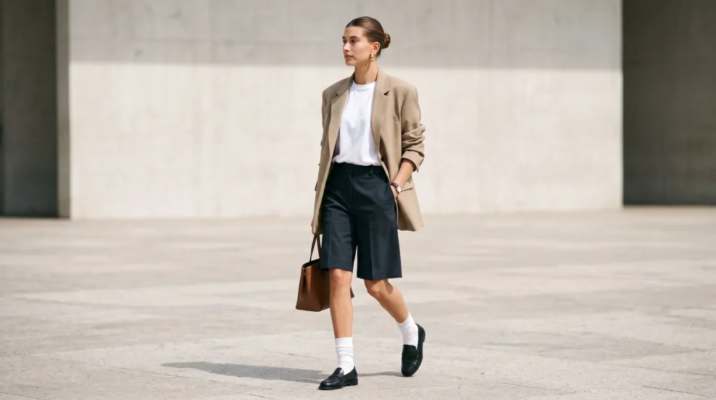10 Adam Sandler Outfit Ideas for Women: Comfy, Oversized, and Effortlessly Cool 12 A chic, elevated Adam Sandler style outfit for women with a blazer, loose Bermuda shorts, and loafers.