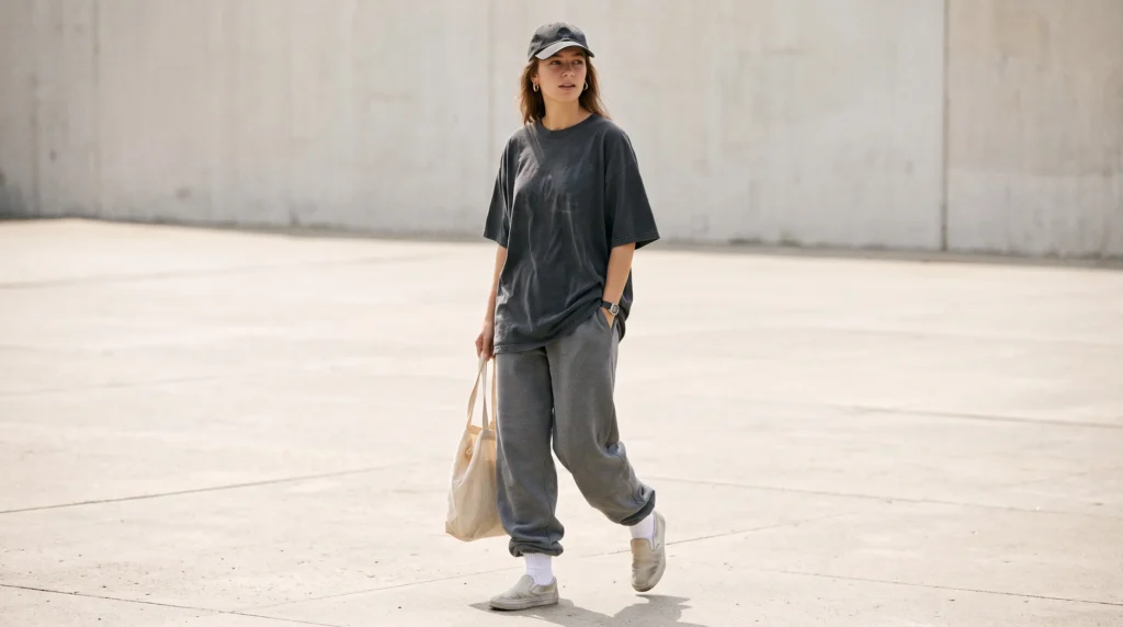 10 Adam Sandler Outfit Ideas for Women: Comfy, Oversized, and Effortlessly Cool 5 A relaxed Adam Sandler style outfit for women with a vintage graphic tee, loose sweatpants, and a baseball cap.