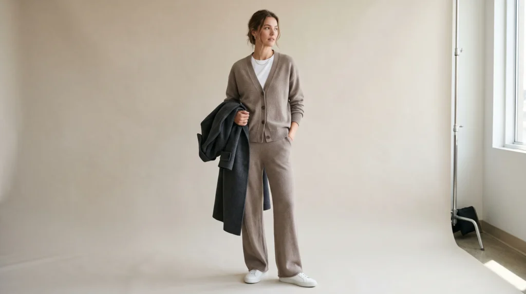 Luxury Winter Clothes for Women: Fabrics, Brands, and 10 Elegant Outfits 11 Airport ready luxury winter clothes for women featuring a taupe cashmere loungewear set and open wool coat.