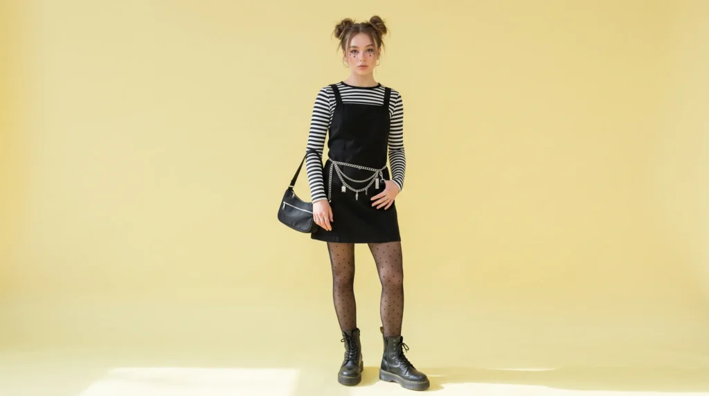Alternative E-girl inspired Euphoria outfits pairing a striped tee with a black slip dress and combat boots.