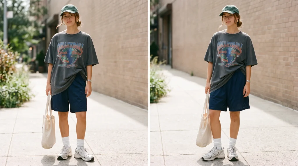 10 Adam Sandler Outfit Ideas for Women: Comfy, Oversized, and Effortlessly Cool 3 An Adam Sandler outfit for women featuring an oversized graphic tee, knee-length mesh basketball shorts, and retro sneakers.