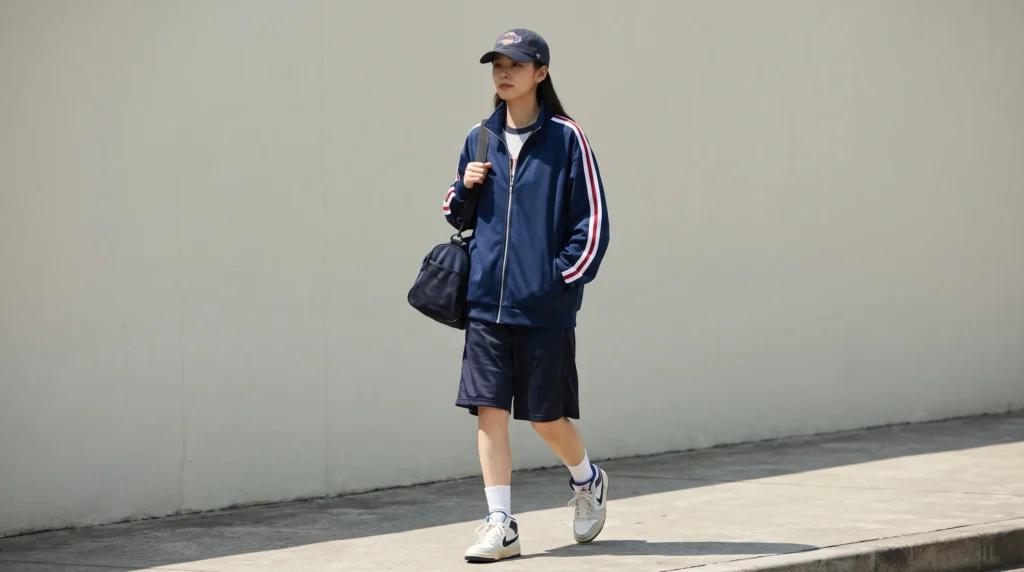 10 Adam Sandler Outfit Ideas for Women: Comfy, Oversized, and Effortlessly Cool 9 An athletic warm up look for women with a zip up track jacket and basketball shorts.