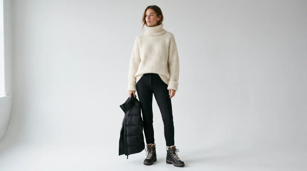 Luxury Winter Clothes for Women: Fabrics, Brands, and 10 Elegant Outfits 8 Après ski luxury winter clothes for women styled with a chunky cream alpaca sweater and black ski pants.