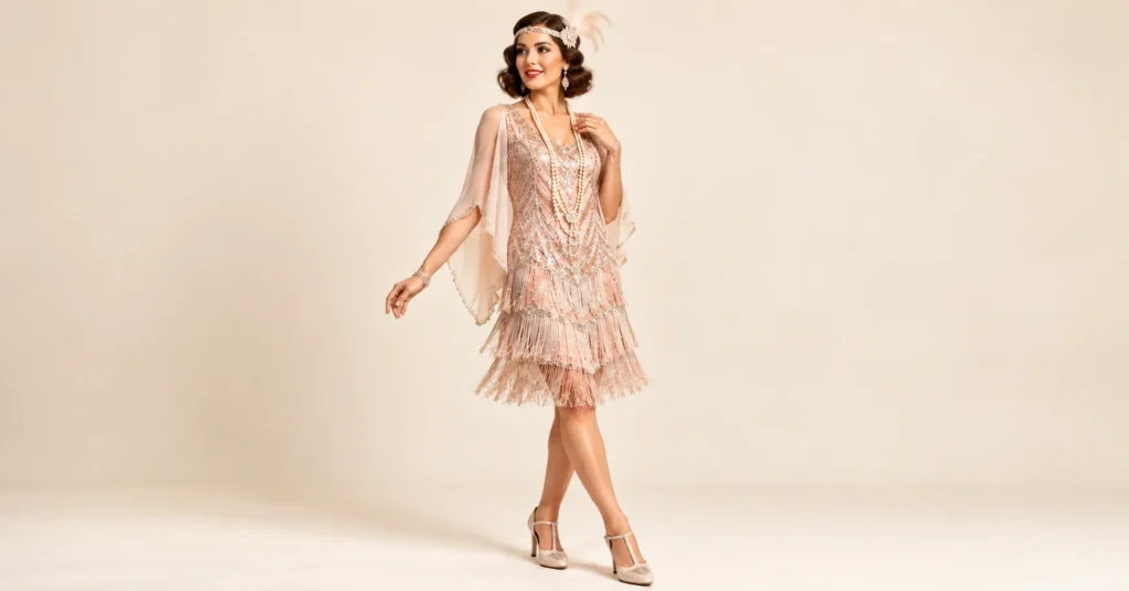 The Complete Guide to Flapper Halloween Costumes: 10 Dazzling 1920s Looks 5 Daisy Buchanan inspired flapper Halloween costume with a blush beaded dress and pearl headpiece.