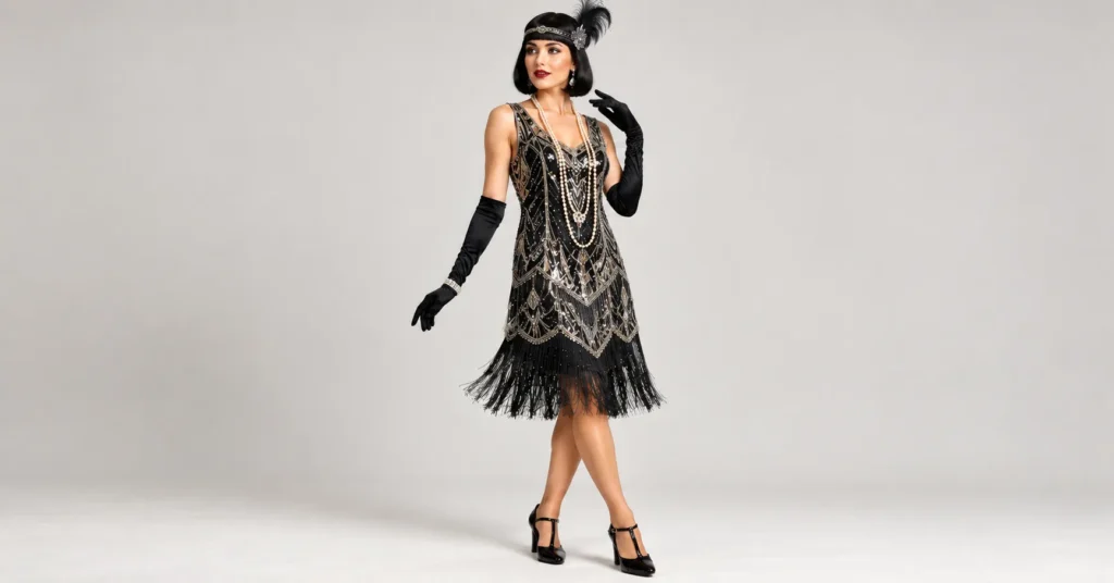 The Complete Guide to Flapper Halloween Costumes: 10 Dazzling 1920s Looks 7 Silent film star flapper Halloween costume with a black bob wig and silver beaded dress.