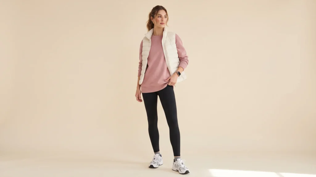 Athleisure tall women clothes featuring full-length 31-inch inseam leggings and a longline sweatshirt.