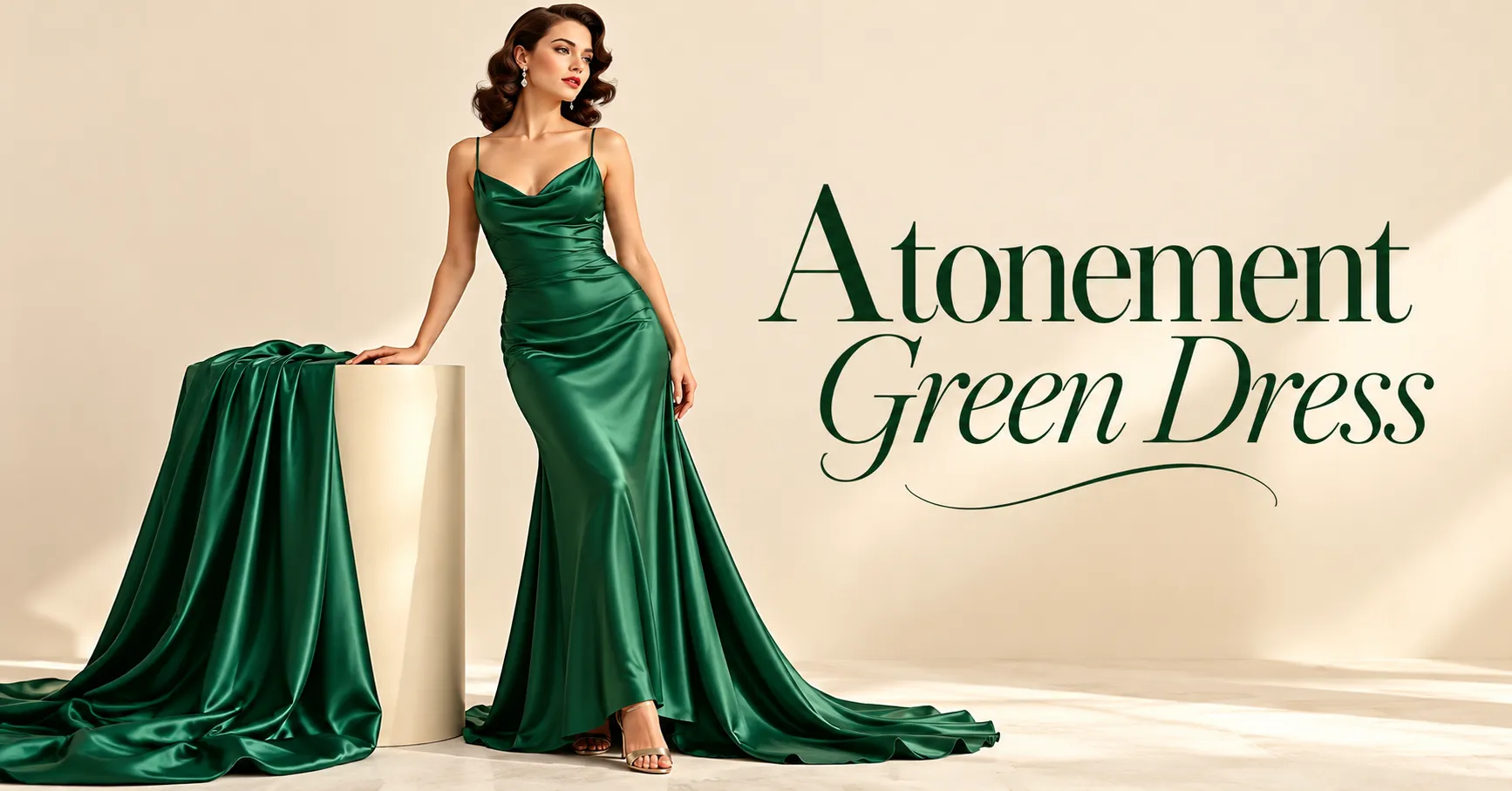 Home 10 Atonement Green Dress featuring an elegant emerald silk gown with a flowing bias-cut skirt and 1930s inspired styling.