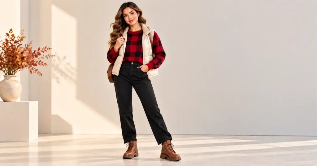 Plaid Sweater Styles featuring a red-and-black buffalo check pullover, black jeans, and brown lace-up boots.