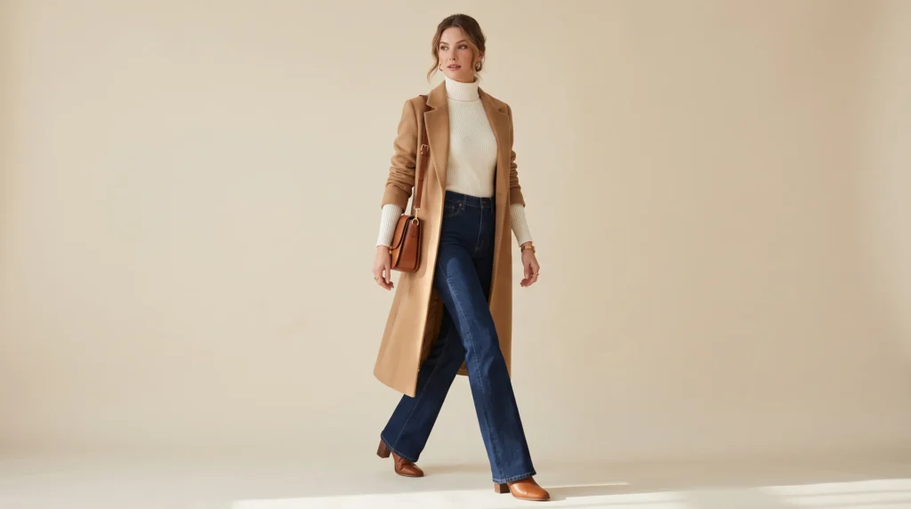 Autumn tall women clothes showing long inseam flared jeans styled with a turtleneck and longline camel coat.