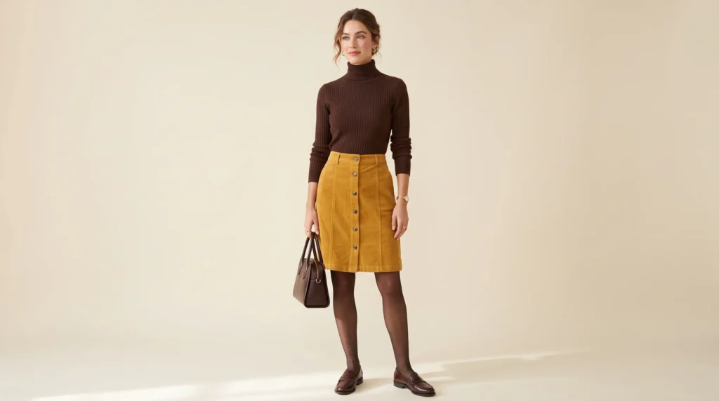 The Complete Yellow Skirt Guide: 12 Stunning Outfit Ideas and Styling Rules 9 Autumn yellow skirt outfit idea featuring a mustard corduroy skirt and brown knit turtleneck.