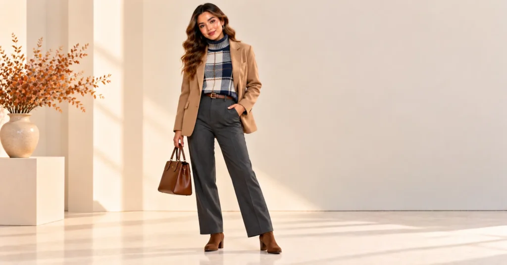 Plaid Sweater Styles featuring a fine-gauge navy and grey plaid turtleneck layered under a camel blazer with charcoal trousers.