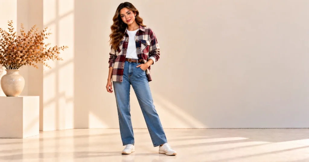 Plaid Sweater Styles featuring a red, navy, and cream flannel style knit overshirt layered over a white T-shirt with blue jeans.