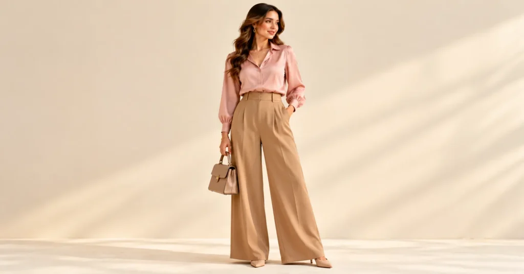 What to Wear to a Bridal Shower as a Guest: 10 Stunning Outfit Ideas for Every Style 8 What to Wear to a Bridal Shower as a Guest featuring camel wide leg trousers and a silk blouse