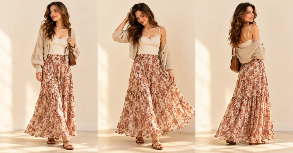Lizzy McAlpine Concert Outfit Guide: 10 Effortless Looks You'll Love 7 Lizzy McAlpine Concert Outfit Ideas featuring a cream lace trim camisole, floral maxi skirt, and lightweight cardigan.