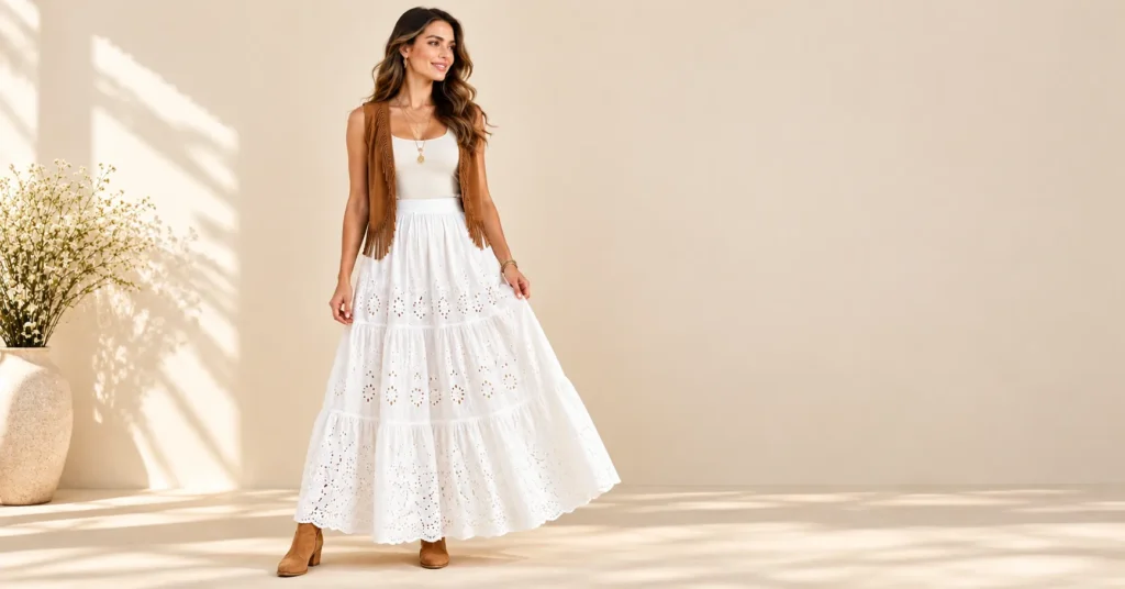 White Maxi Skirts: Fabrics, Fits, and 10 Effortless Outfit Formulas 6 White maxi skirts styled with an eyelet design, an ivory tank, a suede fringe vest, and ankle boots.