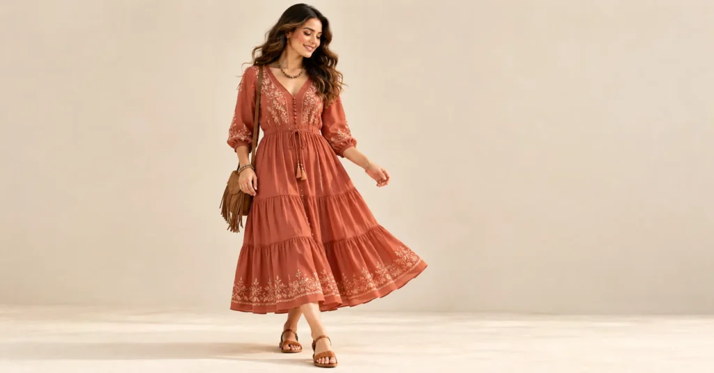 10 Stunning A-Line Dress Ideas: Flattering Outfits for Every Occasion 8 Terracotta boho tiered A-line dress with embroidery and tan leather sandals.