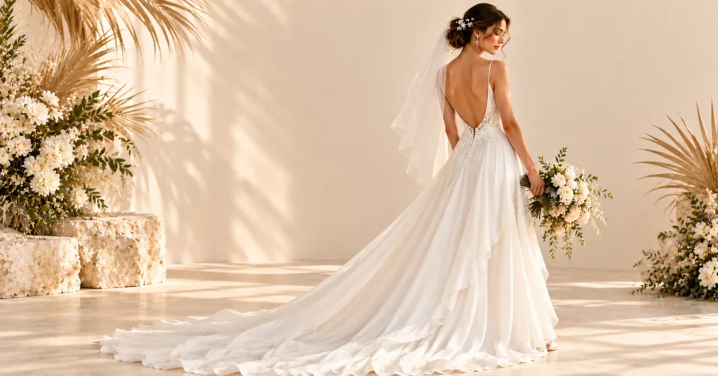 Backless and Open Back Wedding Dresses featuring a lightweight chiffon gown with a low scoop back.
