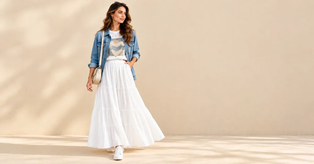 White Maxi Skirts: Fabrics, Fits, and 10 Effortless Outfit Formulas 9 White maxi skirts paired with a casual graphic T-shirt, light-wash denim jacket, and white sneakers.