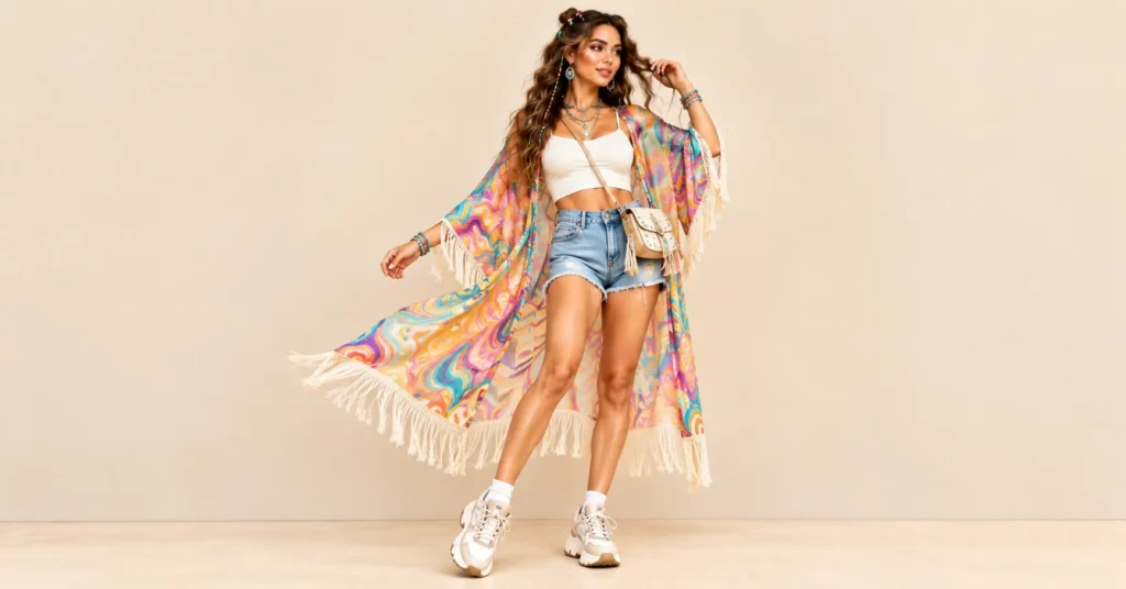 The Complete Guide to Headtrip Festival Outfits: 10 Bold Looks for Every Set 9 Headtrip Festival Outfits featuring a flowing psychedelic-print kimono, high waisted denim shorts, and comfortable trail sneakers.