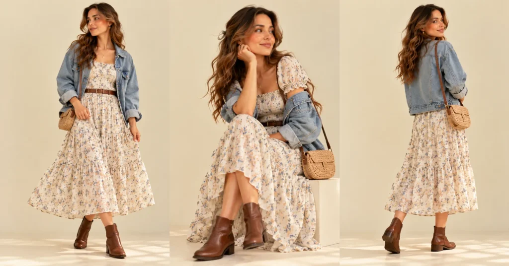 Lizzy McAlpine Concert Outfit Guide: 10 Effortless Looks You'll Love 10 Lizzy McAlpine Concert Outfit Ideas featuring a cream floral prairie dress, denim jacket, and brown ankle boots.