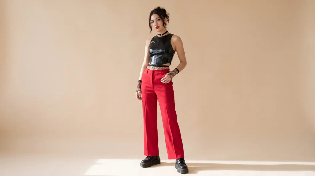 Bold alternative Euphoria outfits showing Kat's vinyl top, vibrant red pants, and statement choker.