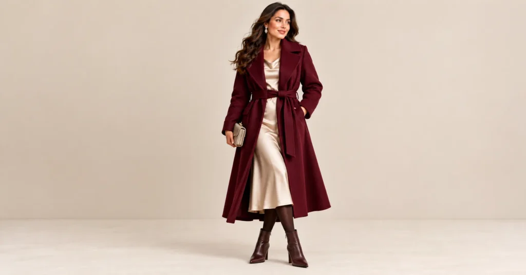 Women Winter Wear Jackets: 10 Stunning Outfit Ideas for Warmth and Style 11 Women Winter Wear Jackets featuring a burgundy belted wrap coat styled over an elegant satin midi dress.