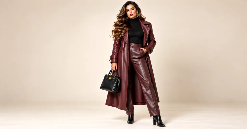 10 Stunning Mob Wife Outfit Ideas for a Bold, Glamorous Wardrobe 6 Mob Wife Outfit Ideas featuring a burgundy faux leather trench coat, matching leather trousers, and gold accessories.