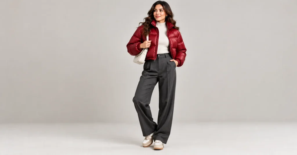 Women Winter Wear Jackets: 10 Stunning Outfit Ideas for Warmth and Style 9 Women Winter Wear Jackets featuring a cherry red cropped puffer with high-waisted wide-leg trousers.