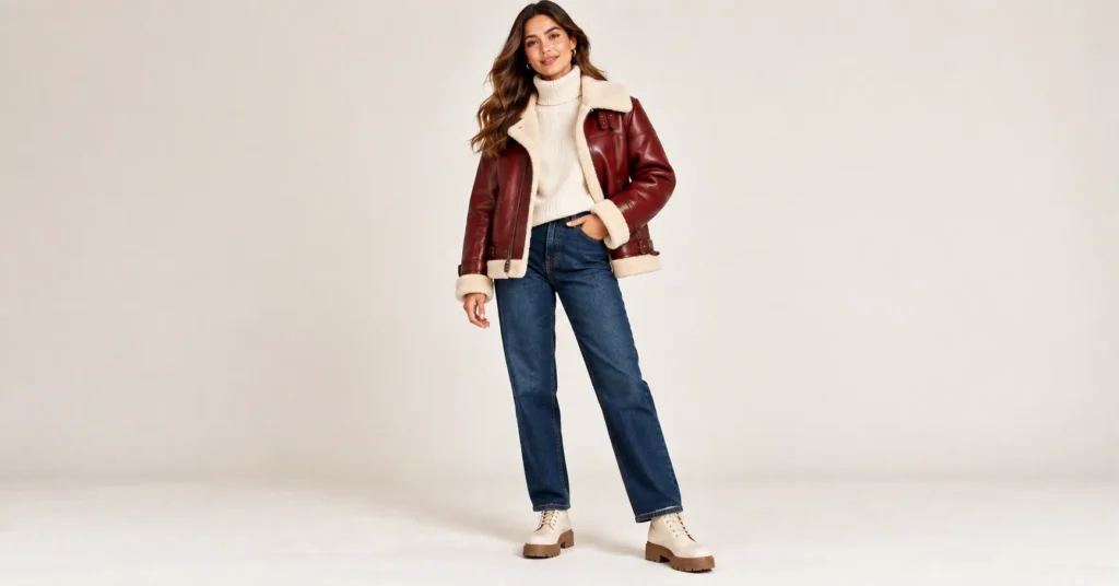 10 Stunning Red Leather Jackets That Make a Bold Fashion Statement 11 Red Leather Jackets shearling-lined aviator style with cream knit and winter boots