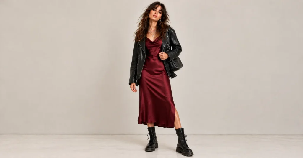 Indie Sleaze Fashion: 12 Outfit Ideas for the Messy, Flash Lit 2000s Look 9 Indie Sleaze Fashion satin slip dress paired with combat boots and leather jacket
