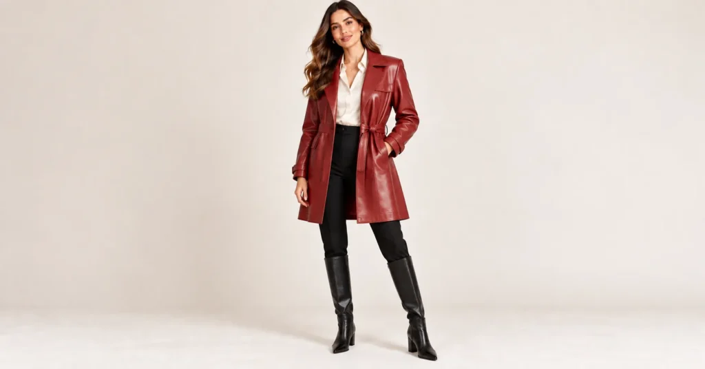 10 Stunning Red Leather Jackets That Make a Bold Fashion Statement 12 Red Leather Jackets longline coat styled with tailored trousers and knee-high boots