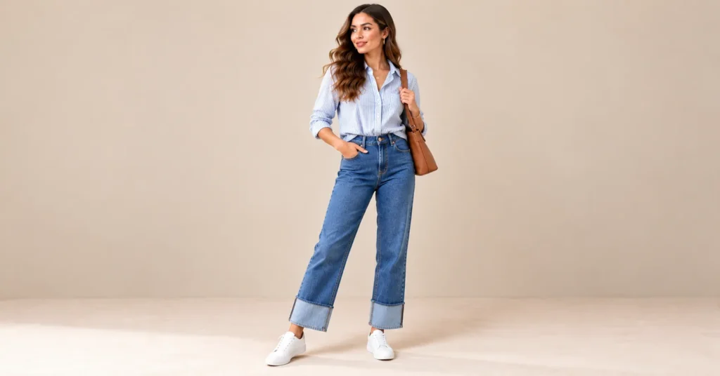 10 Bold Two Tone Jeans Styles That Instantly Upgrade Any Outfit 9 Contrast cuff Two Tone Jeans with rolled light denim hems, a striped Oxford shirt, and white sneakers.