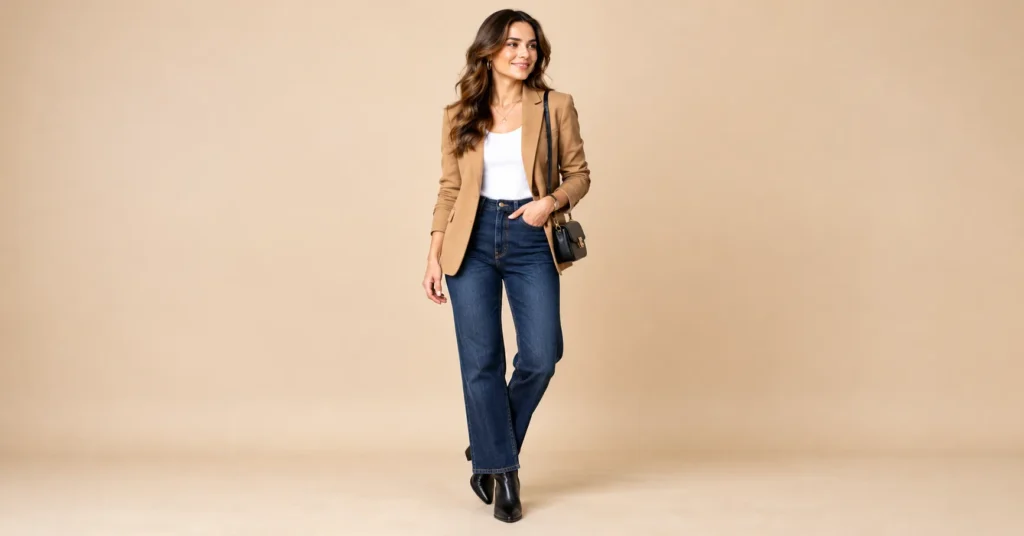 10 Effortless Comedy Show Outfit Ideas That Look Great and Feel Comfortable 3 Comedy Show Outfit Ideas featuring dark wash jeans, a fitted camel blazer, a white T-shirt, and black ankle boots.