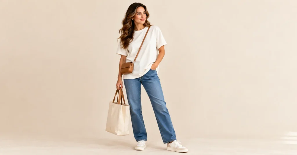 10 Flattering Short Torso Outfits That Balance Your Proportions Instantly 3 Short Torso Outfits featuring mid-rise straight leg jeans and an untucked longline ivory T-shirt.