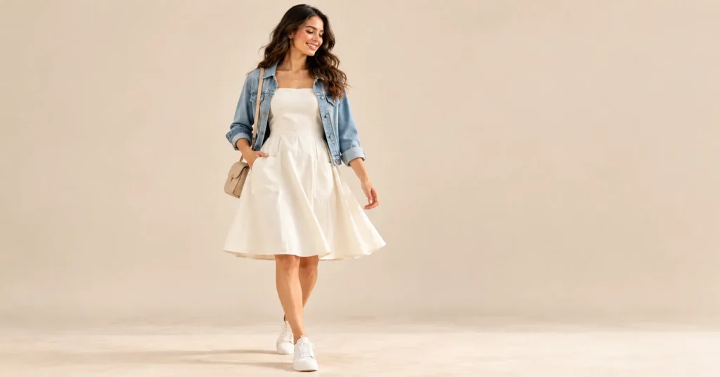 10 Stunning A-Line Dress Ideas: Flattering Outfits for Every Occasion 3 Casual cotton A-line dress with white sneakers and a light denim jacket.