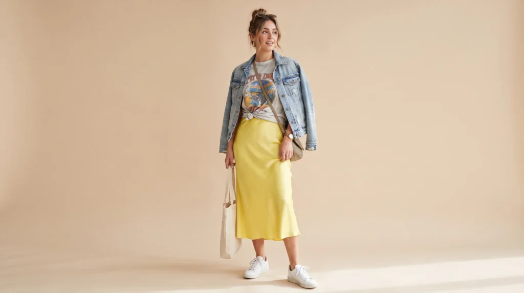 The Complete Yellow Skirt Guide: 12 Stunning Outfit Ideas and Styling Rules 13 Casual cool yellow skirt outfit combining a yellow satin slip skirt with a graphic tee and sneakers.