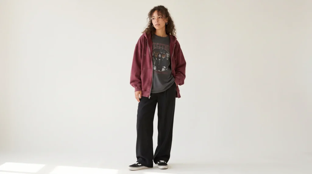 Casual grunge Euphoria outfits featuring Rue's iconic oversized maroon hoodie and relaxed trousers.