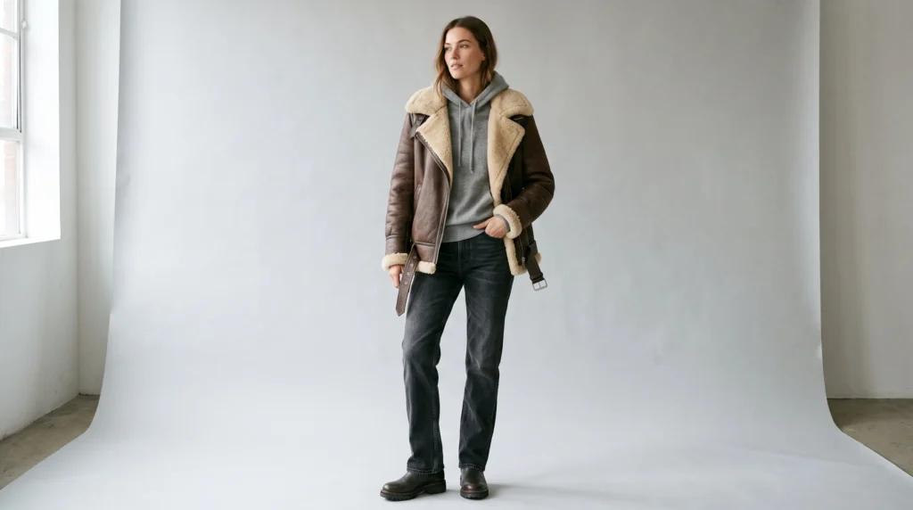 Luxury Winter Clothes for Women: Fabrics, Brands, and 10 Elegant Outfits 10 Casual luxury winter clothes for women featuring a brown shearling aviator jacket over a grey cashmere hoodie and denim.