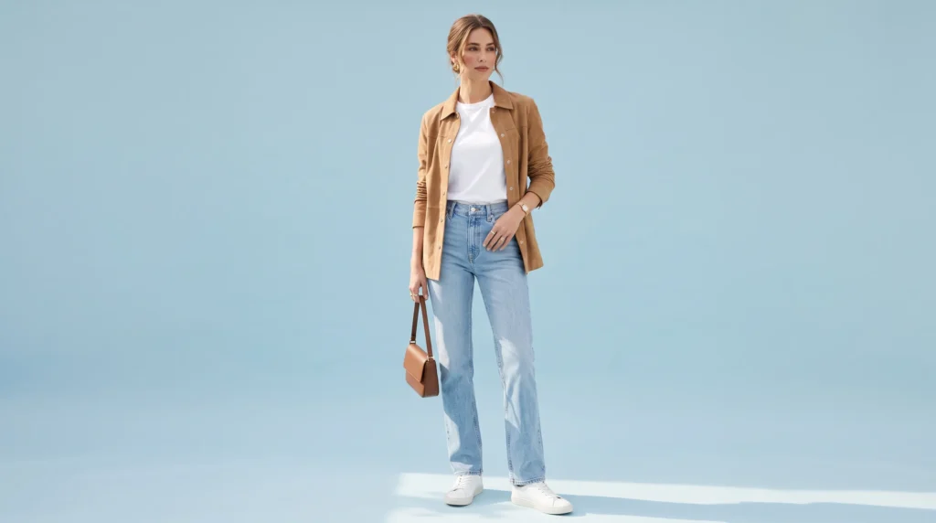 Casual tall women clothes featuring long inseam straight-leg jeans paired with a white tee and suede jacket.