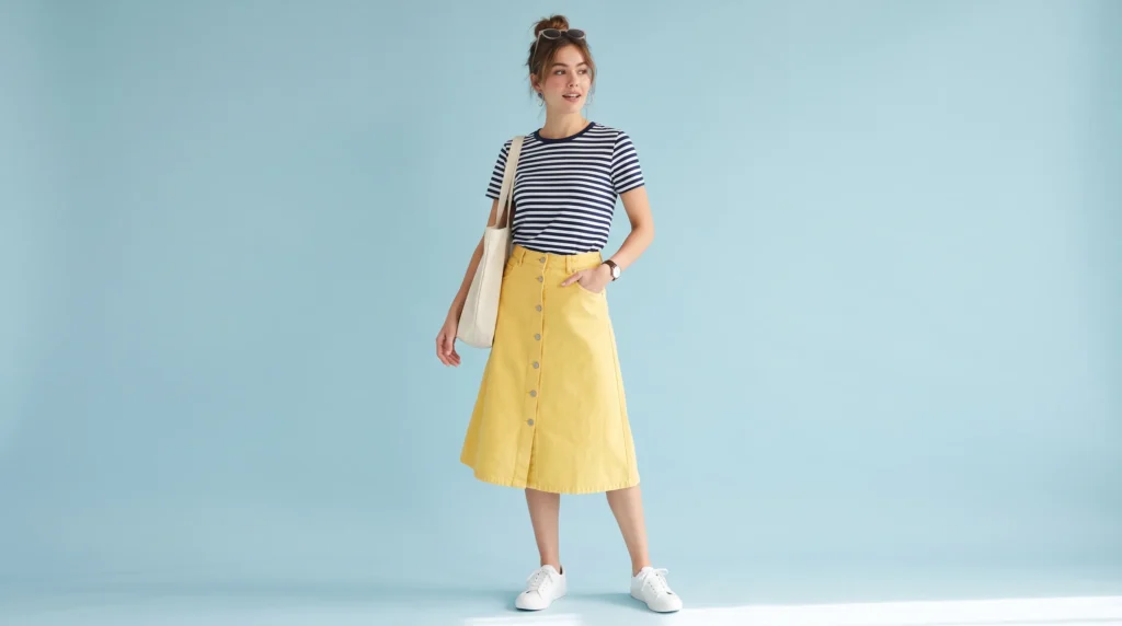 The Complete Yellow Skirt Guide: 12 Stunning Outfit Ideas and Styling Rules 4 Casual yellow skirt outfit featuring a yellow denim skirt paired with a classic striped tee.