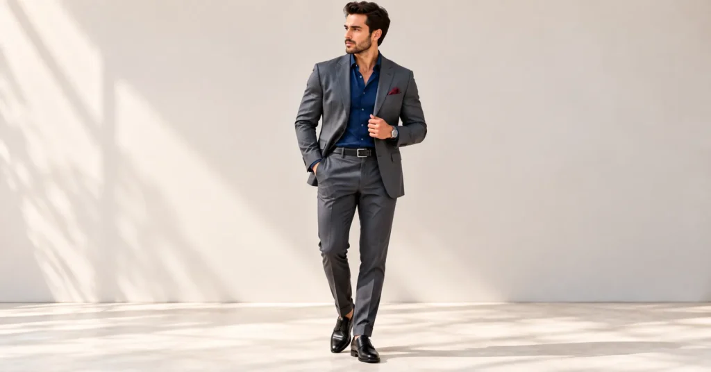 10 Effortless Blue Shirt Outfits That Look Sharp Every Time 4 Blue Shirt Outfits featuring a navy dress shirt with a charcoal suit