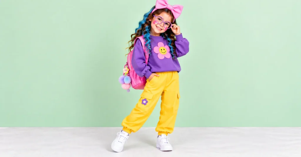 10 Creative Toca Boca Outfit Ideas Kids Will Love 12 Toca Boca outfit ideas featuring a DIY character costume with a purple sweatshirt, yellow trousers, and oversized pink bow.