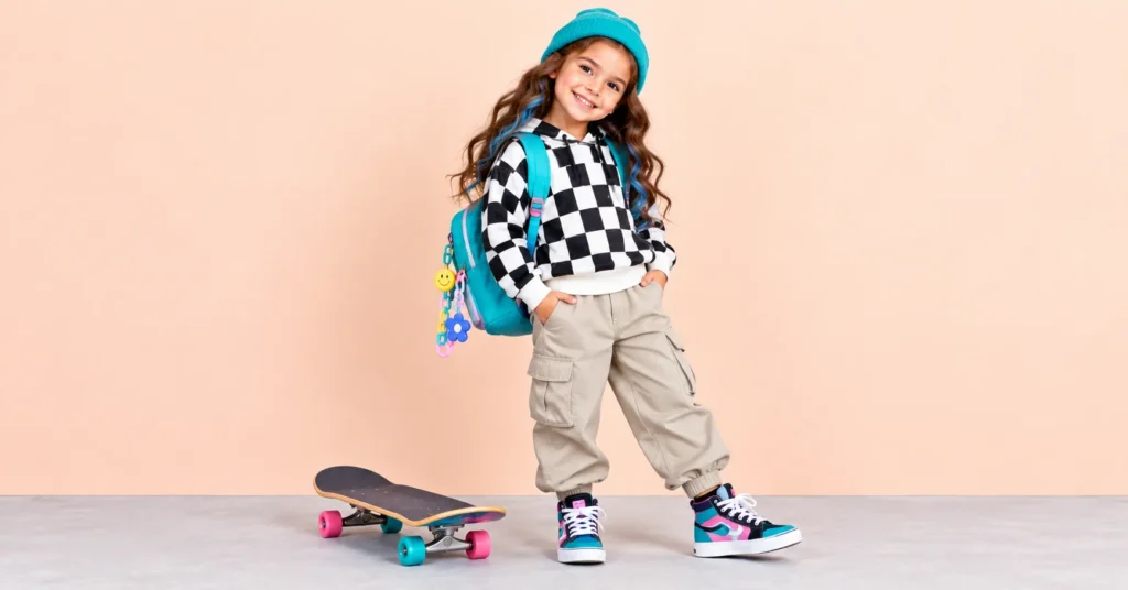 10 Creative Toca Boca Outfit Ideas Kids Will Love 7 Toca Boca outfit ideas featuring an alt-skater look with a checkered hoodie, cargo trousers, and colorful sneakers.