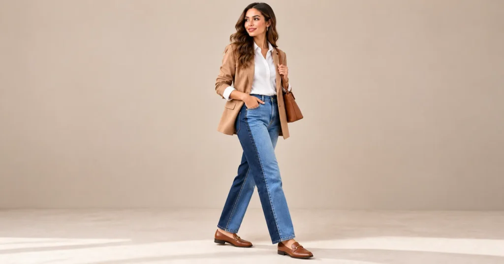 10 Bold Two Tone Jeans Styles That Instantly Upgrade Any Outfit 6 Front and back color block Two Tone Jeans styled with a white blouse and camel blazer.