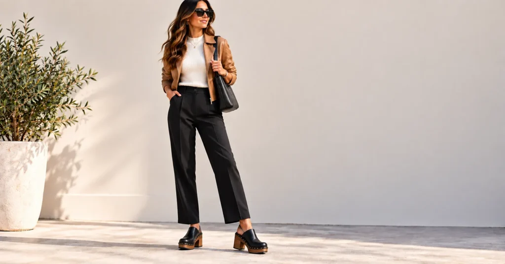 10 Stunning Chunky Clogs Looks That Instantly Elevate Every Outfit 9 Chunky Clogs in black styled with tailored trousers and a neutral jacket