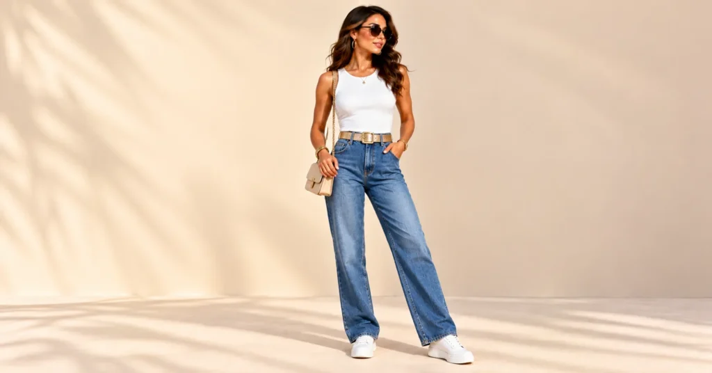 12 Best Pitbull Concert Outfit Ideas for a Bold, Glamorous Look 13 Pitbull Concert Outfit Ideas featuring blue straight leg jeans, a fitted white bodysuit, and white sneakers.