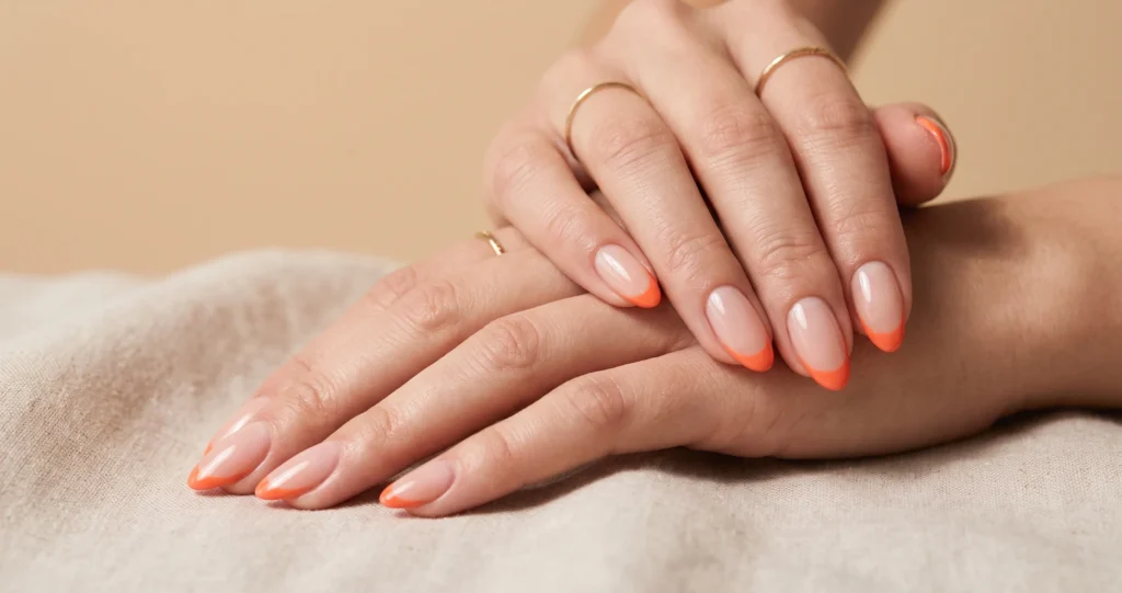 Chic French tip coral nails with crisp colored tips over a sheer nude base.
