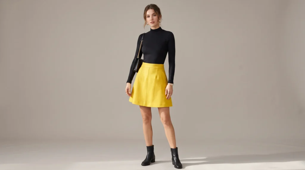 The Complete Yellow Skirt Guide: 12 Stunning Outfit Ideas and Styling Rules 8 Chic date night yellow skirt styling with a canary yellow mini skirt and black long-sleeve top.