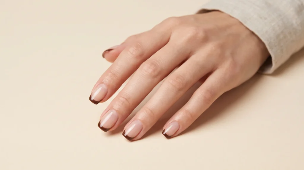 Cocoa Nail Color: 10 Gorgeous Ideas, Shades & Pro Tips for a Luxe Manicure 4 Chic micro French tips painted with warm cocoa nail color over a sheer nude base.